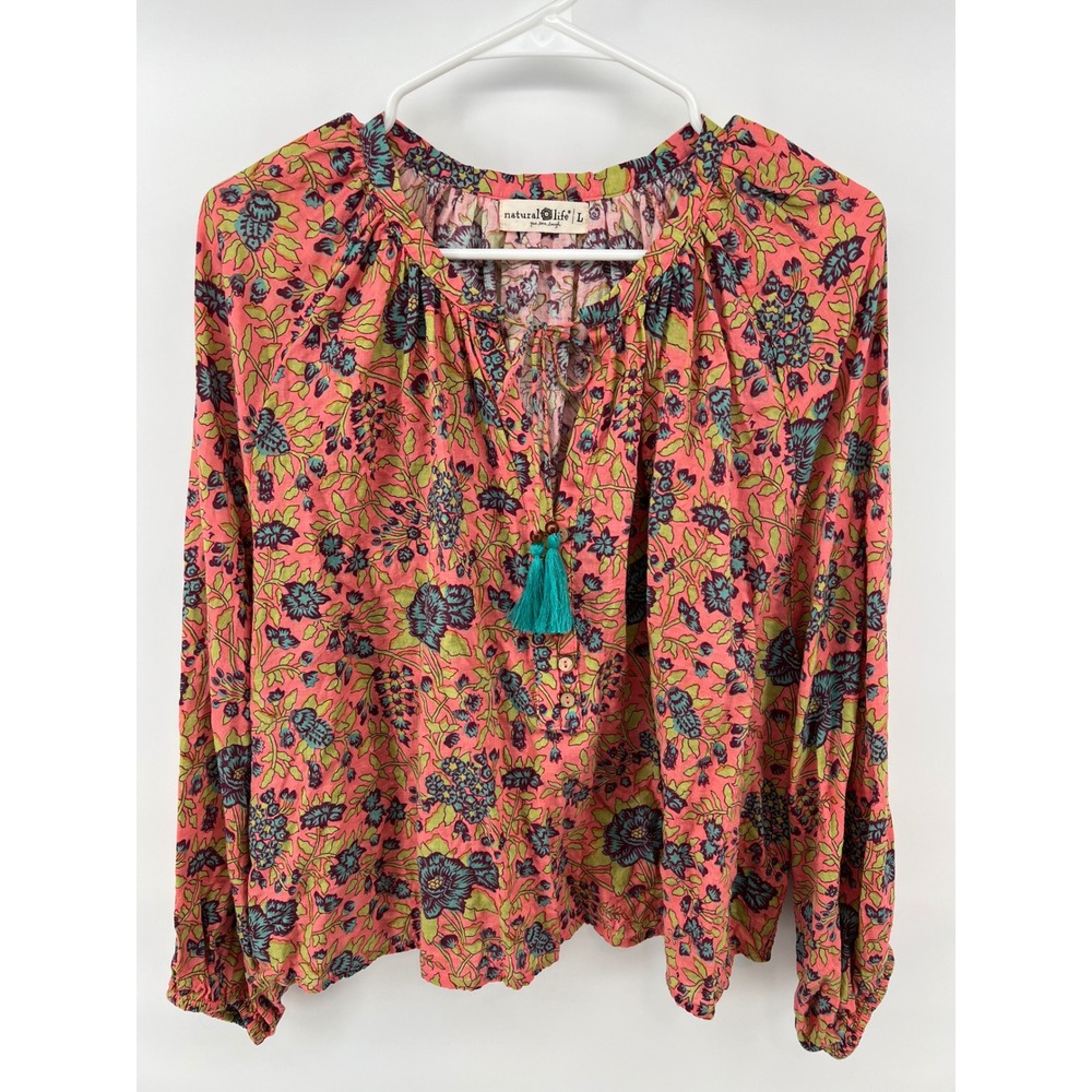 Natural Life Womens L Floral Peasant Boho Top Pink Green Tassel Tie Neck Cottage